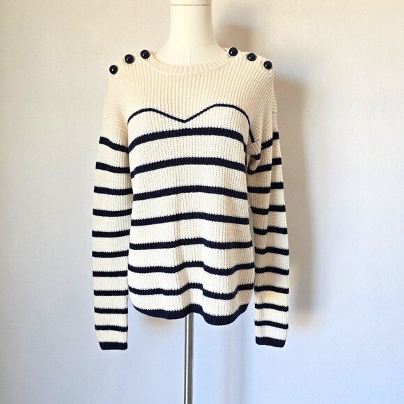 Armani Exchange Wool Blend Prep Strip Sweater Button-Accent Blue Cream - Picture 3 of 13